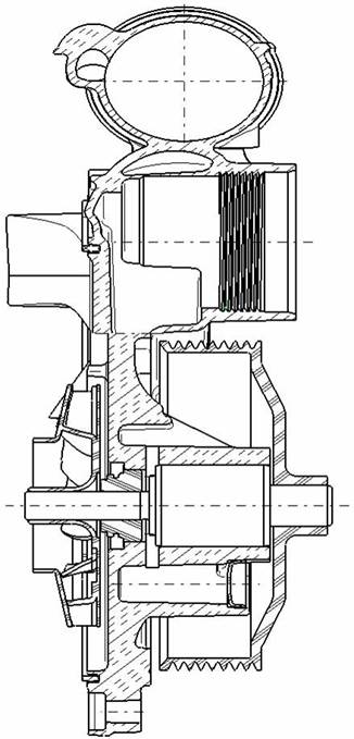 Nfz-Einsteckpumpe mit geschlossenem Blechschaufelrad und tiefgezogener Stahlriemenscheibe, Fa. NGPM Merbelsrod